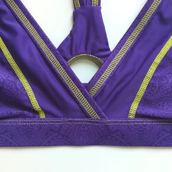 Athleta Contrast Stitched V-neck Cutout Racerback Swimsuit Bikini Top Purple M - Picture 4 of 10